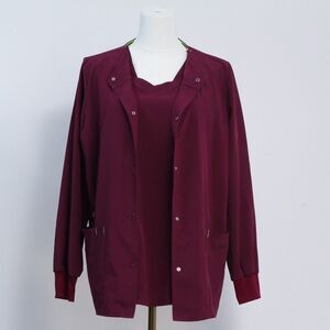 SCRUBSTAR 2pc Set Women’s Burgundy Snap Front Scrub Jacket & V-Neck Top Small S